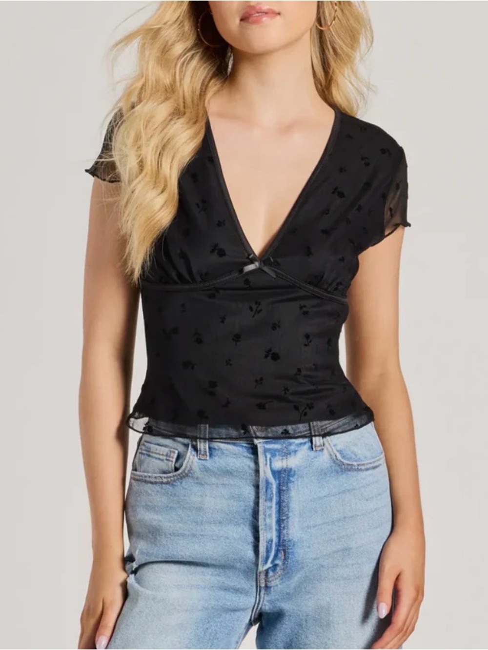 Windsor Black Floral Mesh V-Neck Top with Bow